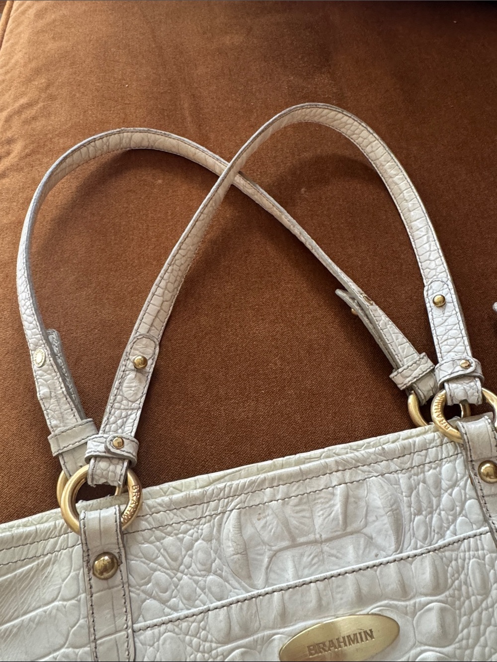 Brahmin Melbourne Croc Embossed Leather Tote Bag Linen Cream Gold - Picture 9 of 12